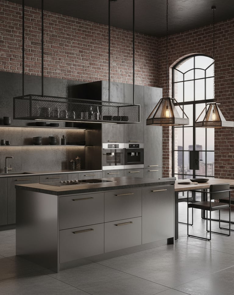 Cocina moderna a medida, isla en acabado industrial