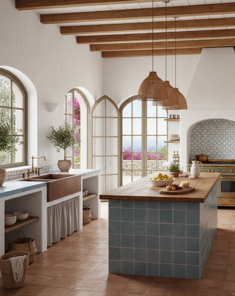 Cocina moderna mediterránea a medida con azulejos, isla en acabado mármol y madera