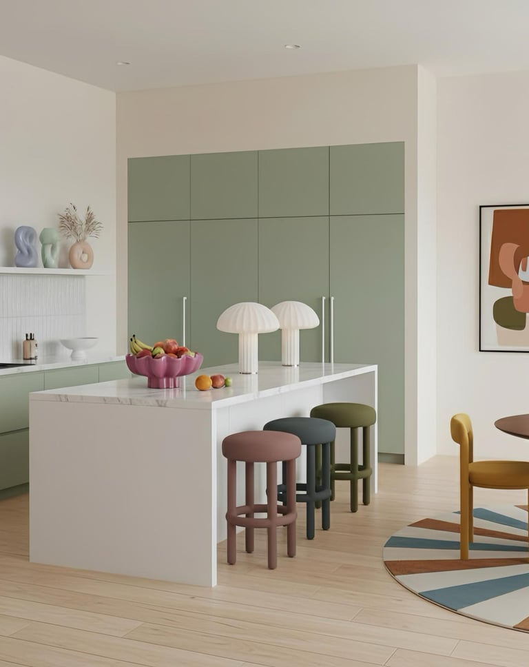 Cocina moderna art déco contemporánea a medida con isla en acabado mármol