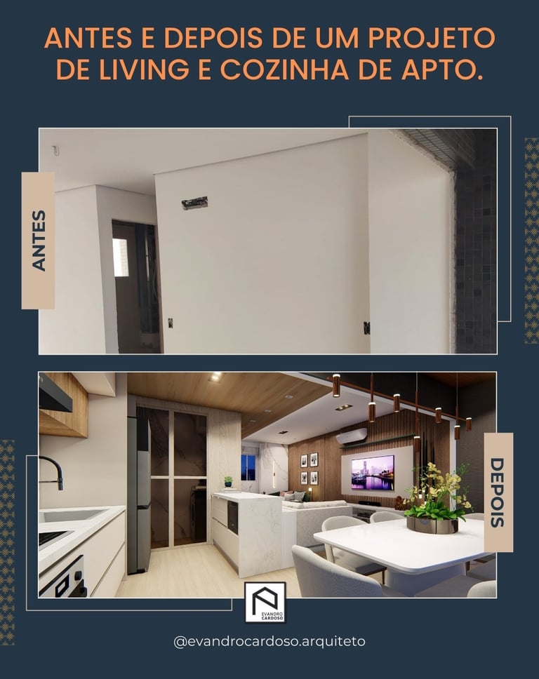 Antes e Depois de projeto de Arquitetura e Interiores de Cozinha e Living em São Paulo