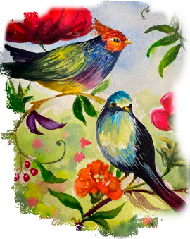 a painting of two birds sitting on a branch