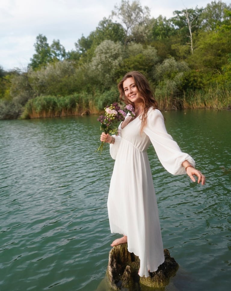 Celina Lerchner steht mit Blumen auf Baum im See