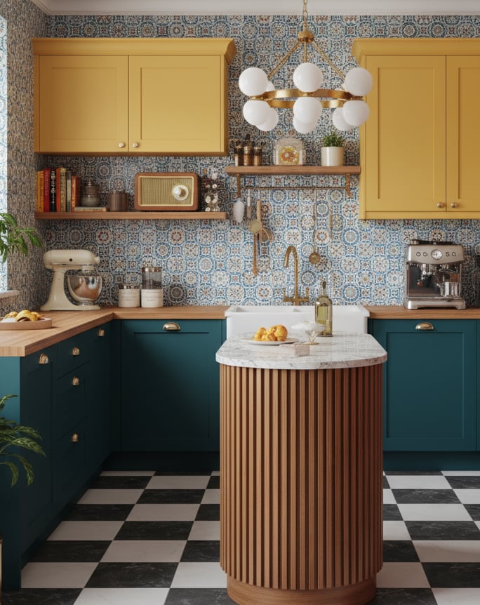 Cocina moderna retro a medida y azulejos, isla en acabado mármol
