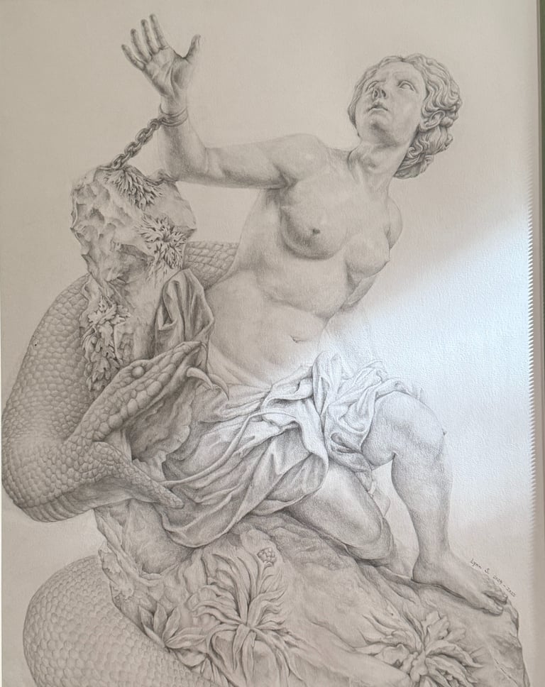 Andromeda and the Serpent, 18 x 24 in, Graphite Pencil on Bristol paper
