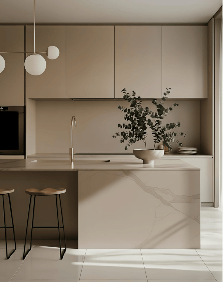 Cocina moderna minimalista a medida con isla en acabado mármol