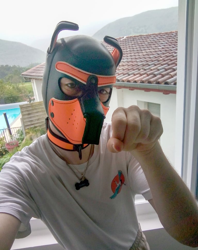 A man poses in a pup mask by an open window.