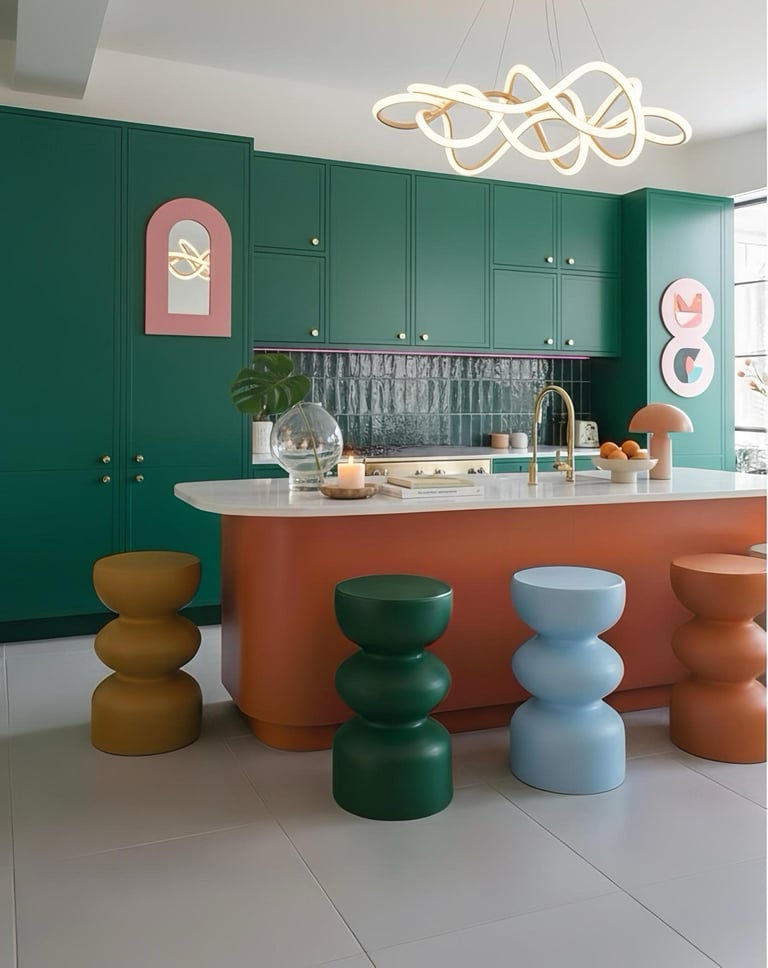 Cocina moderna art déco contemporánea a medida con isla en acabado mármol