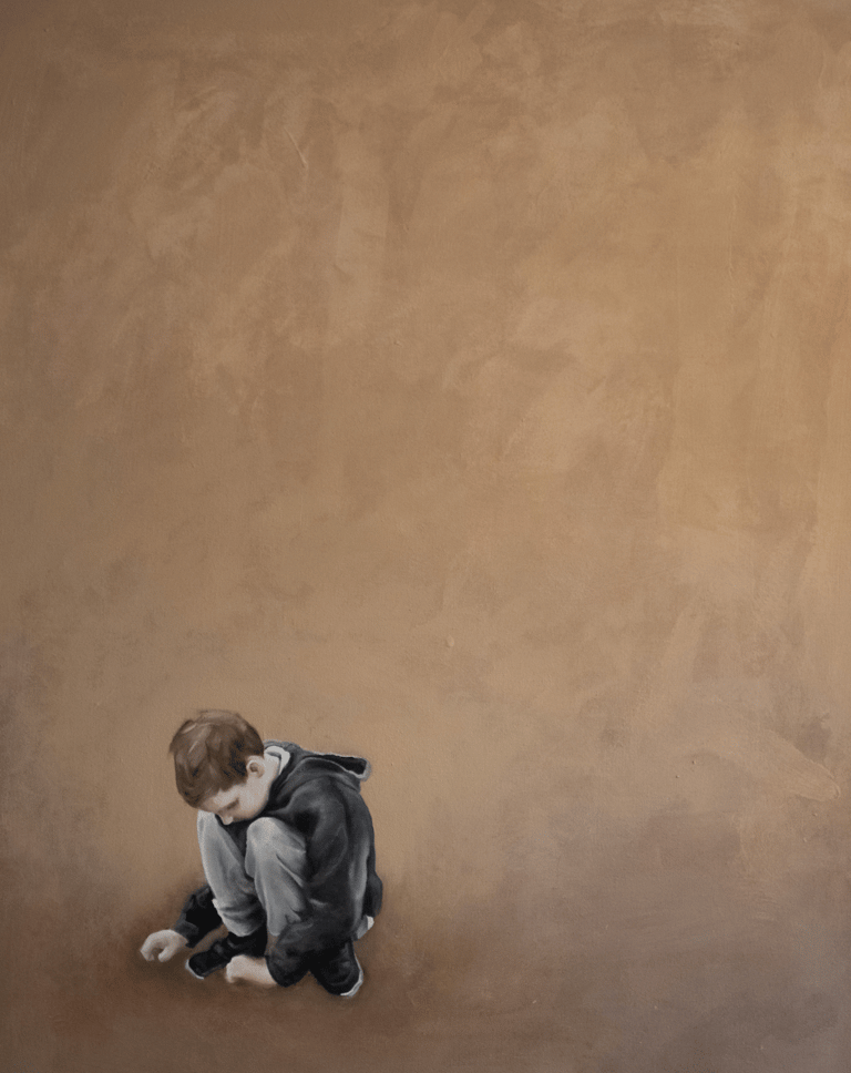 Painting of small boy crouching against a vast sandy backdrop.
