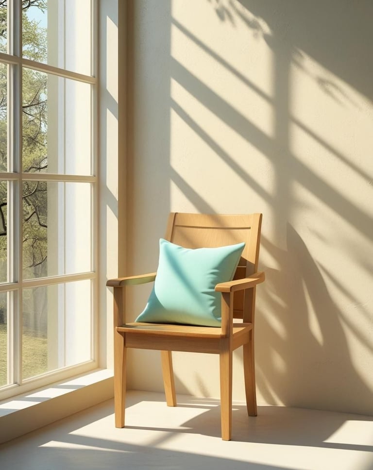 Silla de madera con cojín turquesa junto a una ventana iluminada por luz natural