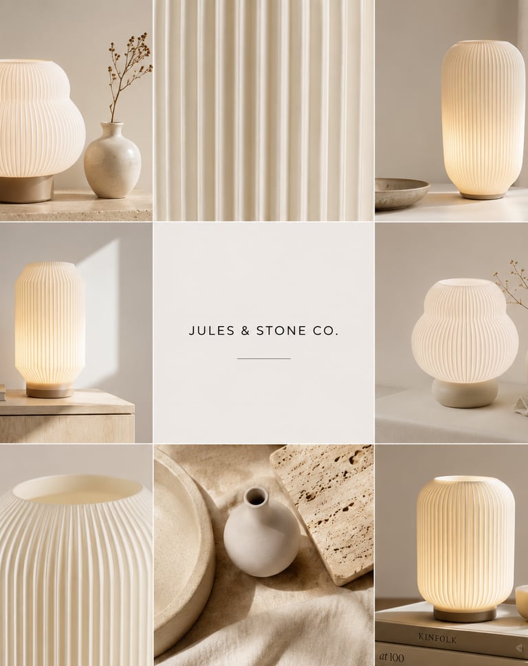 Modern minimalist Jules & Stone Co. lighting style board with ribbed table lamp, stone texture, line