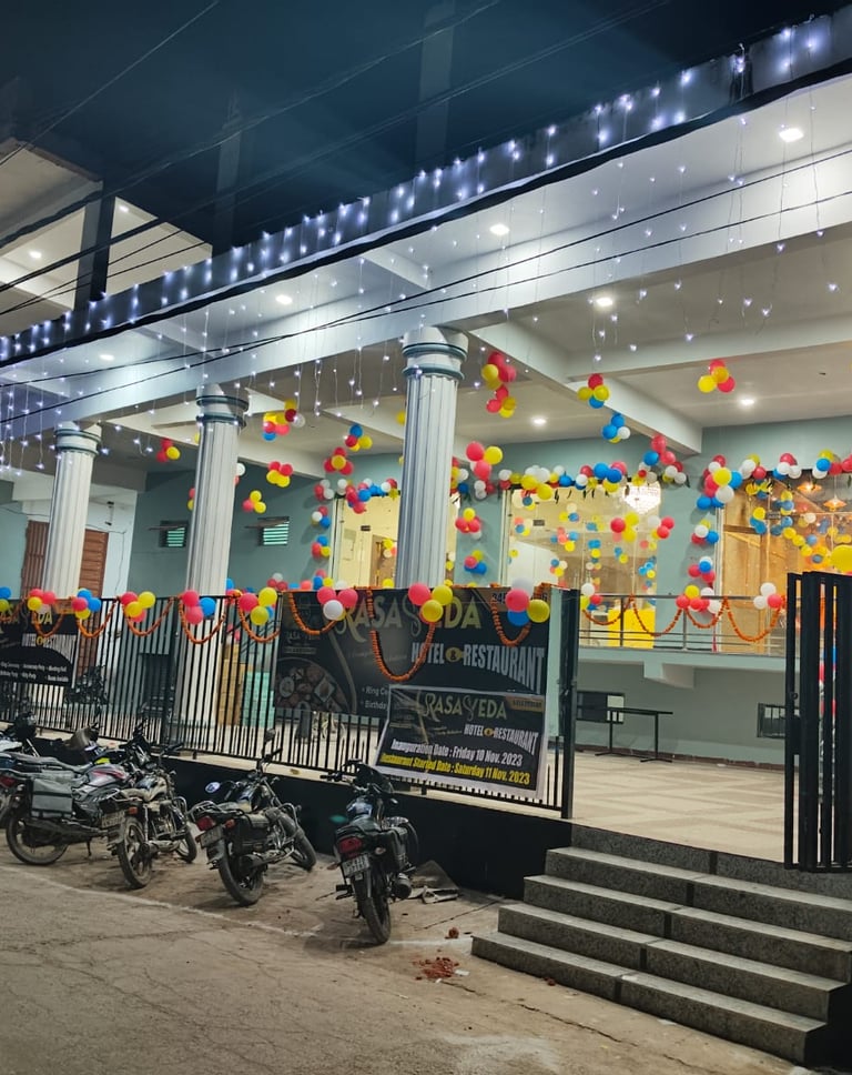 a building with balloons and balloons on the outside