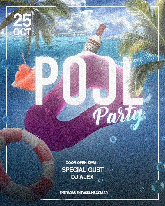 poster con palmeras grandes, un flotador alcohol y una forma abstracta con un campari en el centro