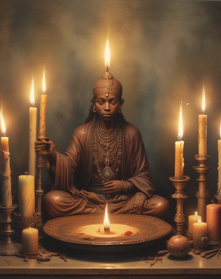 A group of people gathered around a stone structure, lighting candles. One individual is wearing a wide-brimmed hat and a red jacket. The scene appears to be a ritual or a religious observance. Many lit candles are placed along the stone surface.