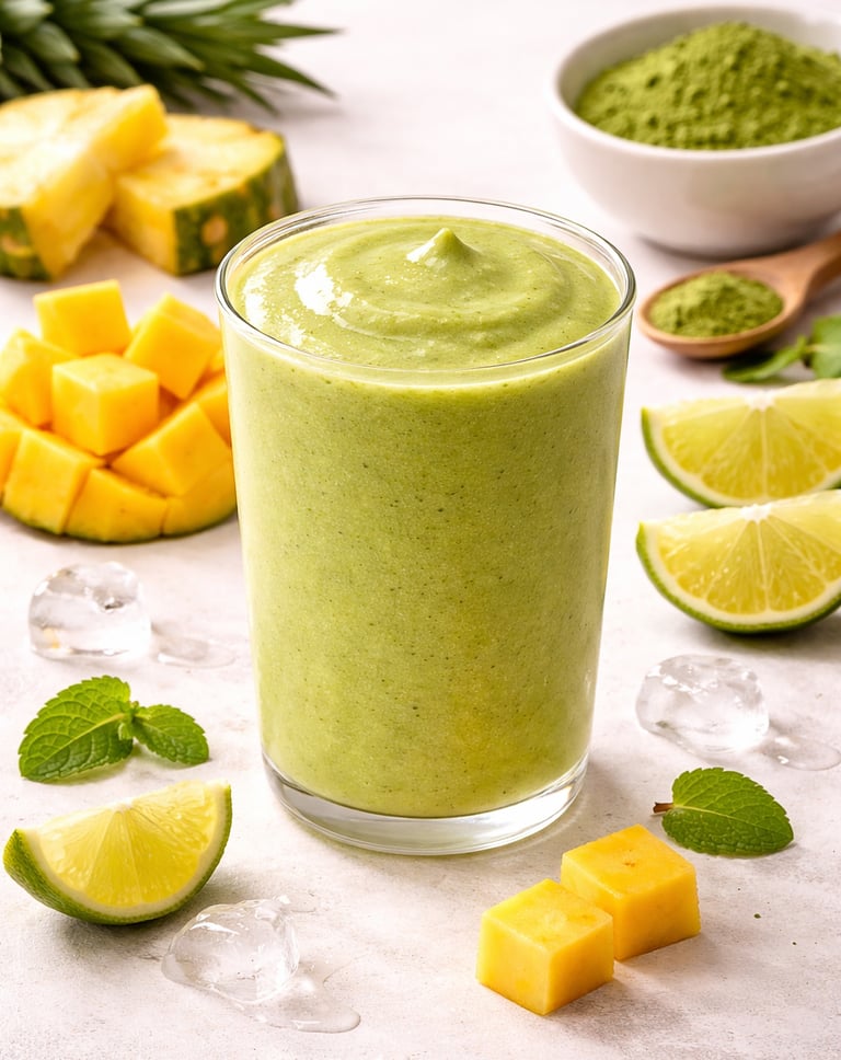 A glass of healthy green matcha smoothie with pineapple, mango, and lime garnish.
