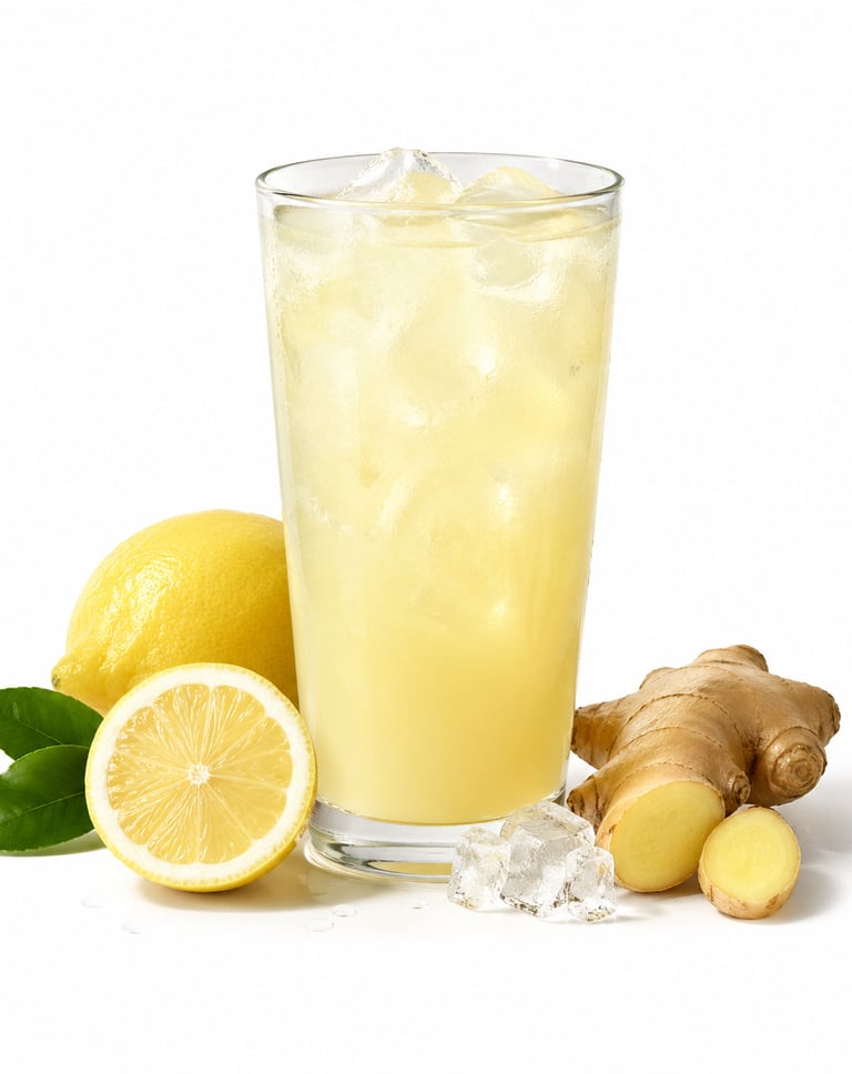 A glass of iced ginger lemonade with fresh lemon slices and ginger root on a white background.