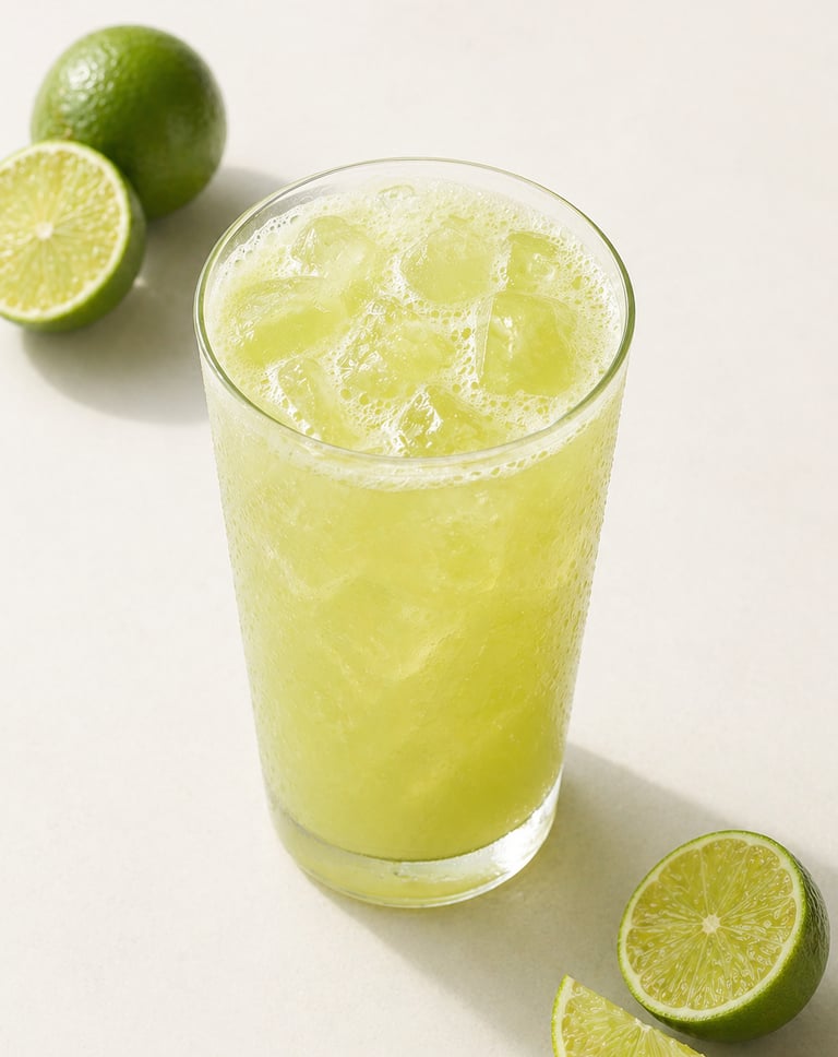 Refreshing glass of iced Brazilian lemonade served with fresh lime slices on a white background.