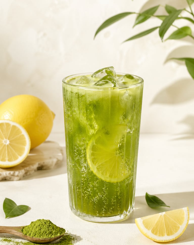 Iced matcha lemonade in a tall glass with fresh lemon slices and green tea powder.