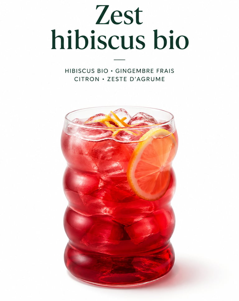 Iced organic hibiscus tea with ginger and lemon zest in a modern glass.