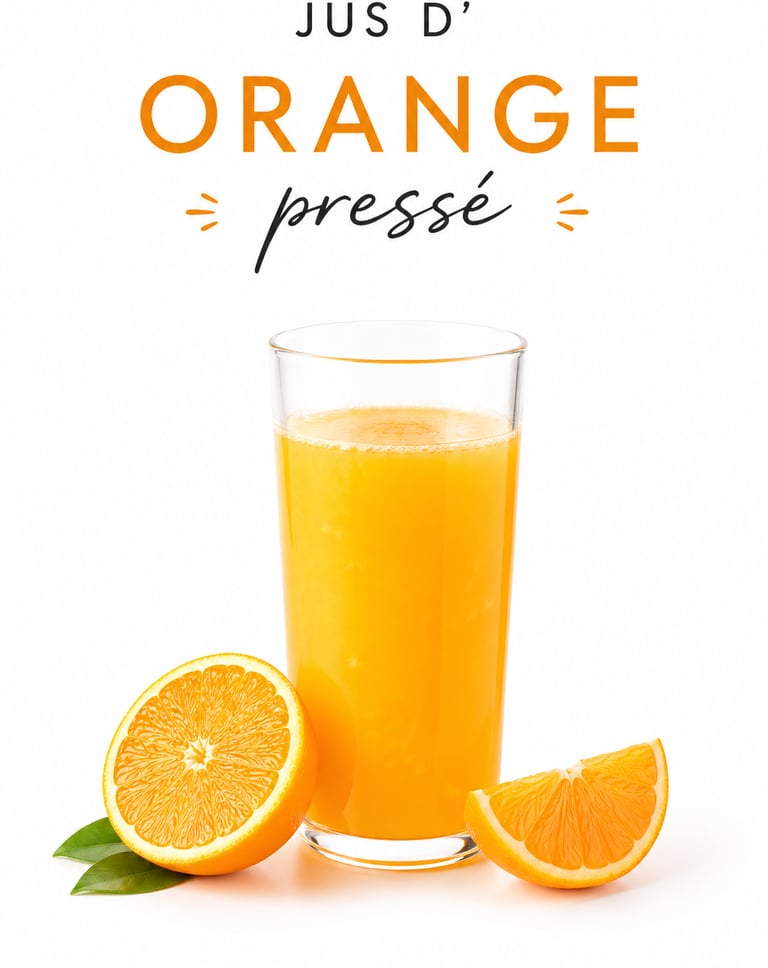 A tall glass of freshly squeezed orange juice with sliced citrus fruit on a white background.