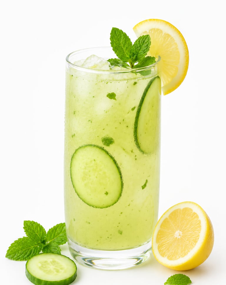 Refreshing cucumber mint lemonade in a tall glass with fresh lemon slices and mint leaves.