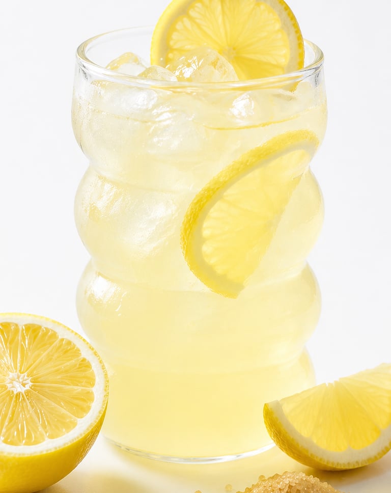 Refreshing iced lemonade in a ribbed glass with lemon slices and raw sugar on a white background.