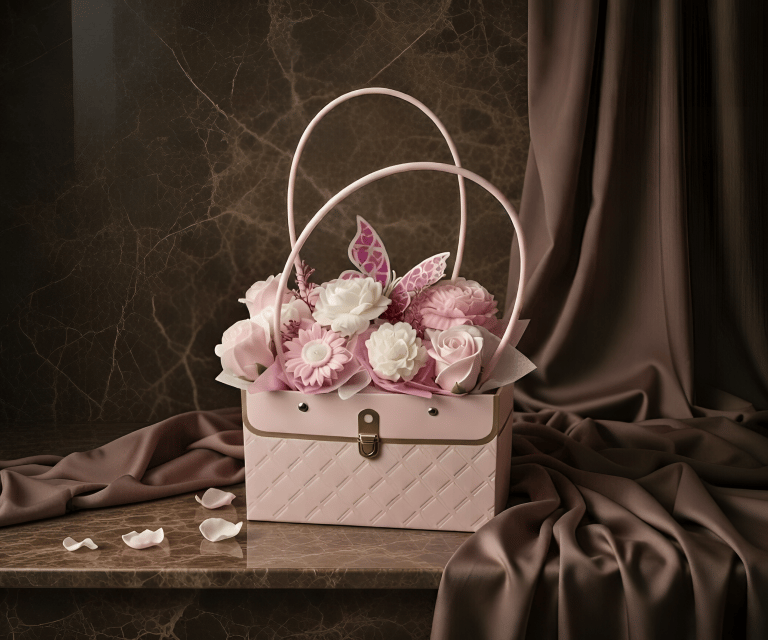 Elegant pink and white floral gift basket shaped like a purse with a butterfly accent.