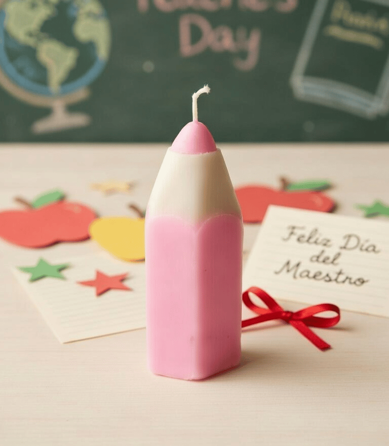 Pink pencil shaped candle with a Feliz Dia del Maestro card for Teacher Appreciation Day.