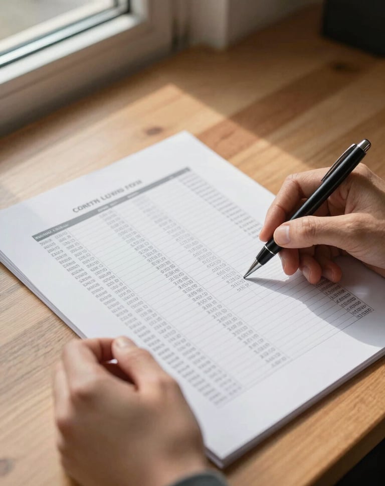 Close-up of hands holding a printed cash flow statement on a wooden desk, pen resting diagonally across the page, natural side-window daylight casting soft shadows, no props beyond the document