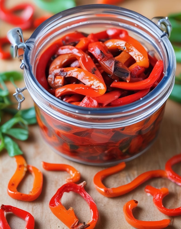 Rustic jars of roasted peppers and tomato sauce on a wooden table.