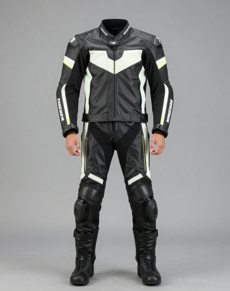 Full-body black and white leather motorcycle racing suit with armor and knee sliders.