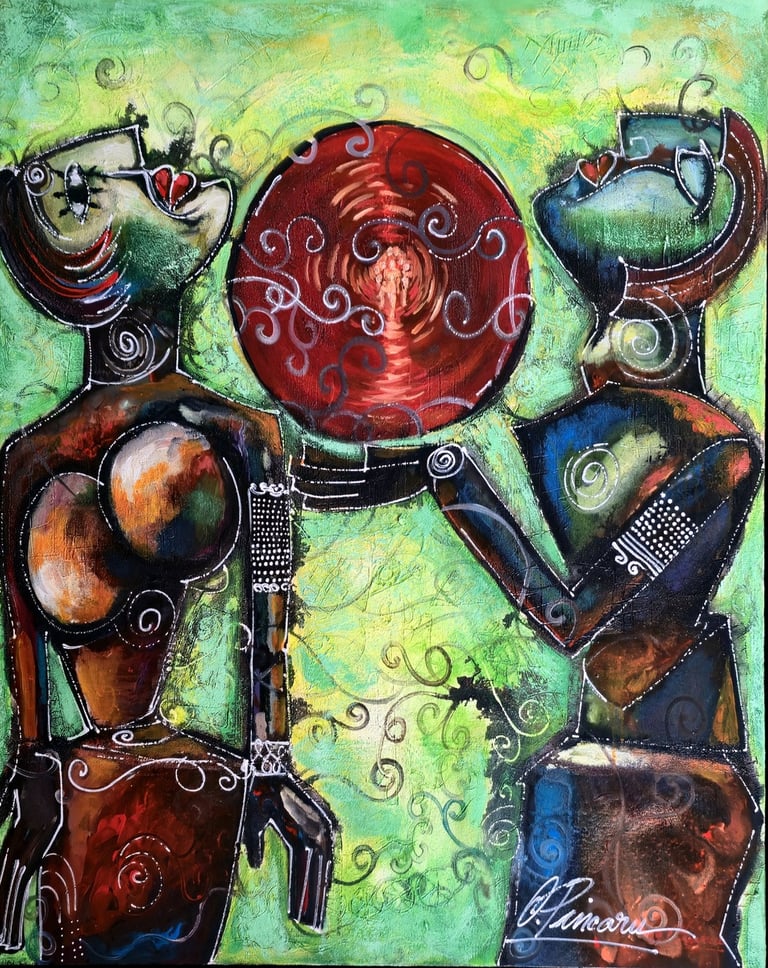 Expressive Leinwand „Adam & Eva“ in Komplementärfarben mit weißen Linien – Romeo Opincaru, 2025.