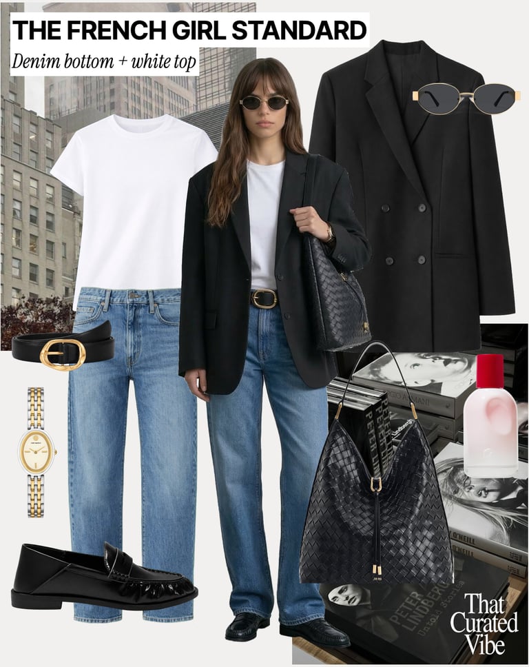 Straight-leg jeans styled with a white tshirt, black blazer and loafers for effortless everyday look