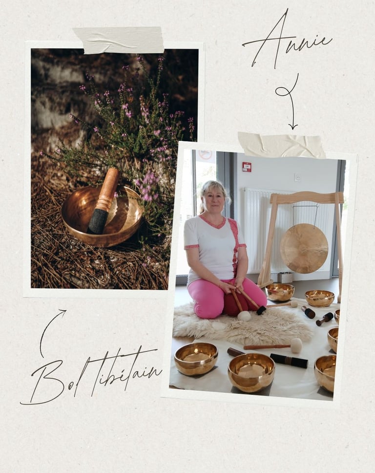 Montage photo de Annie devant ses bols Tibétains
