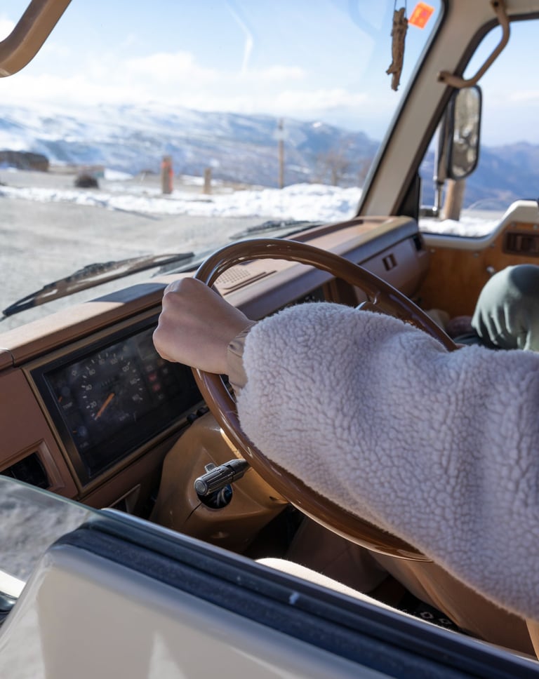Campervan driving in snow