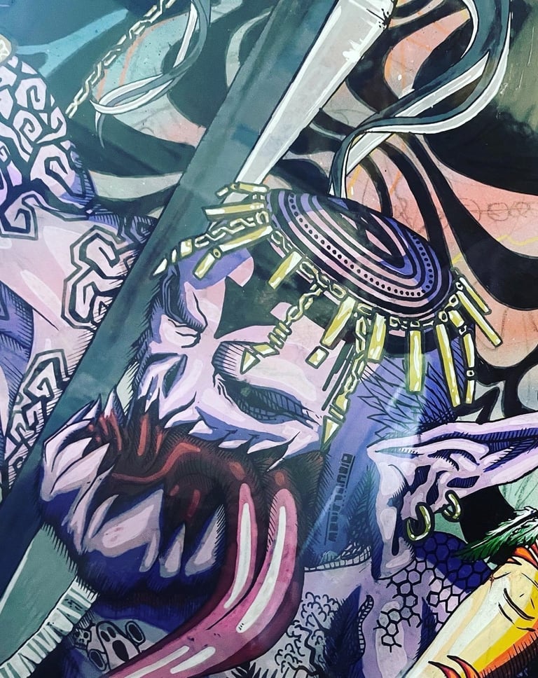 une peinture d'un démon avec une épée