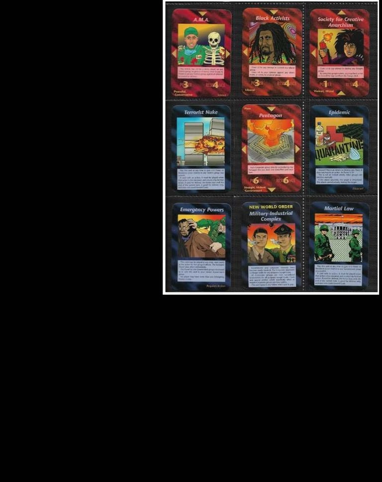 Algumas cartas do jogo de cartas illuminati de 1995 que previu o atentado de 11/09 nos EUA