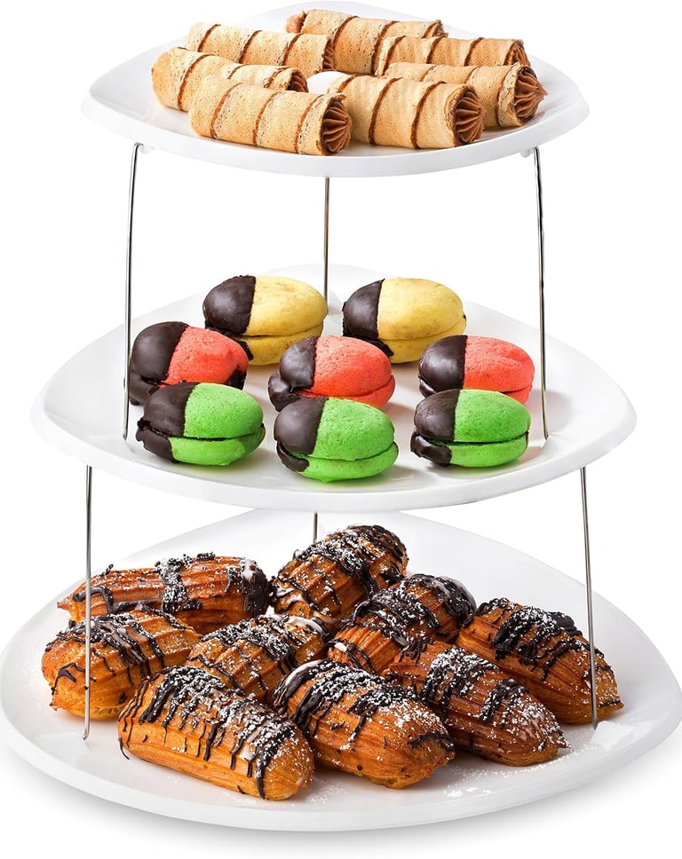 a three tiered tray of pastries with pastries