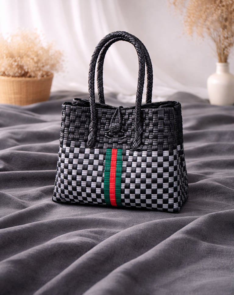 Tas anyaman plastik handmade hitam putih dengan aksen garis tengah, tas anyaman wanita elegan