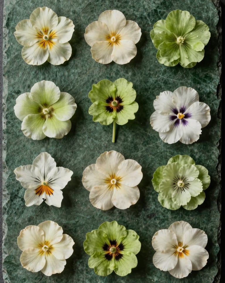 A top-down minimalist composition of various edible flowers in shades of pale green and cream, arranged on a deep green stone slab, high-end North American culinary photography.