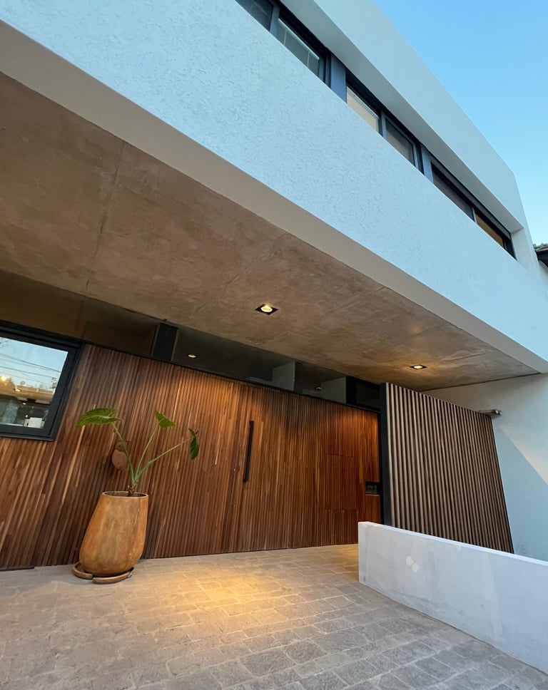 a house with a plant in the foreground and a wooden door
