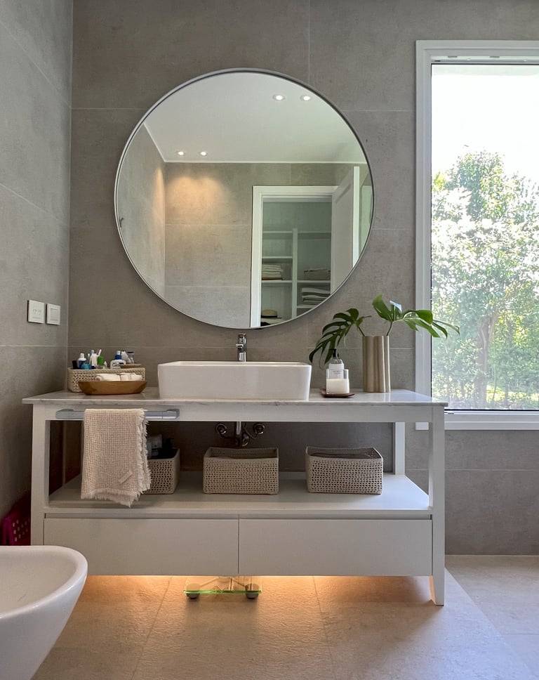 a bathroom with a large mirror and a sink