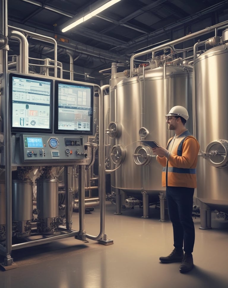 A modern industrial setting featuring an automated assembly line machine enclosed in glass. The room is well-lit with a sleek design, including wooden accents and clean surfaces. There is a focus on the machinery, with components visible inside the enclosure.