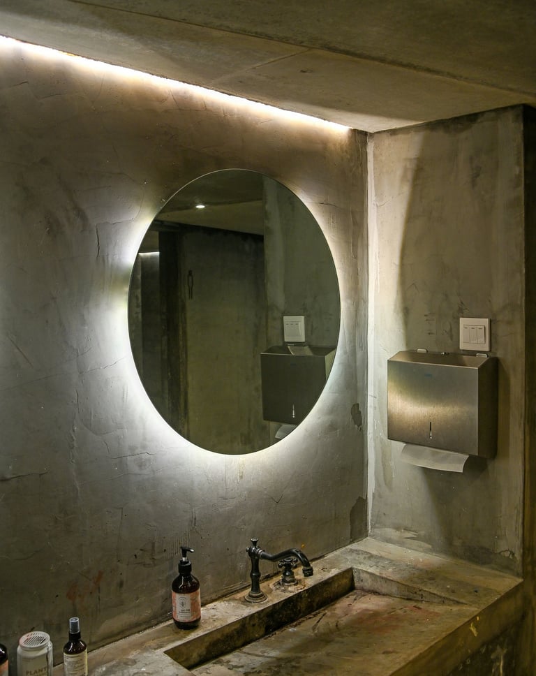 Salle de bain rénovée avec enduit décoratif effet béton ciré et miroir lumineux LED mural