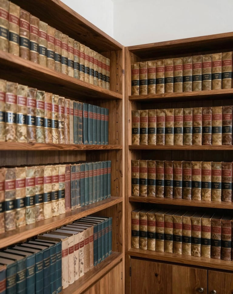 A quiet library room with antique law books on wooden shelves, soft natural light, minimalist and clean design