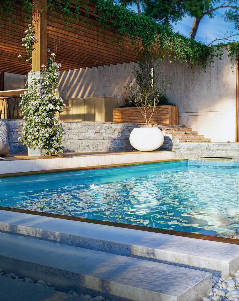 Rendu 3D piscine haut de gamme et pergola, materiaux premium