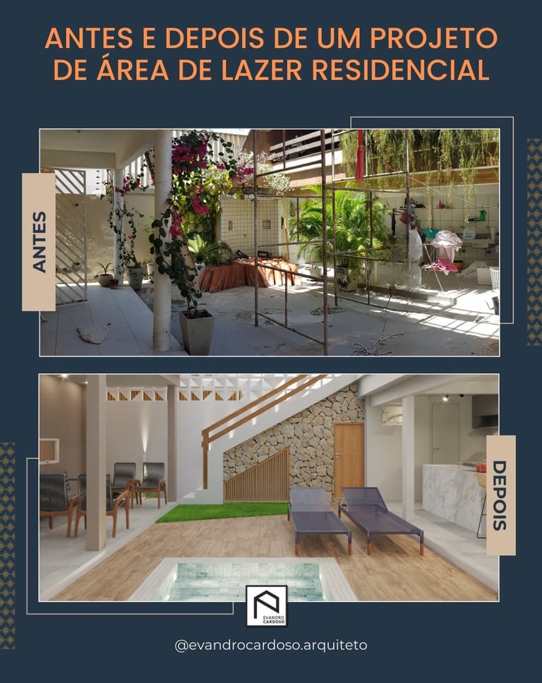 Antes e Depois de projeto de Arquitetura e Interiores de Área de Lazer em São Paulo