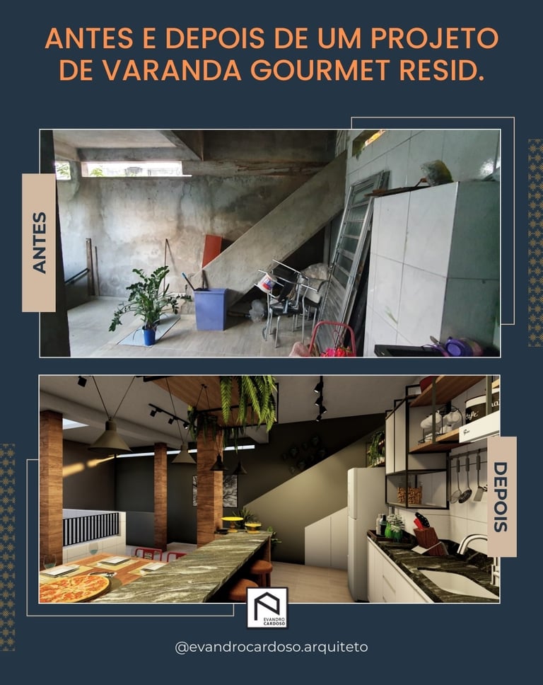 Antes e Depois de projeto de Arquitetura e Interiores de Área Gourmet em São Paulo