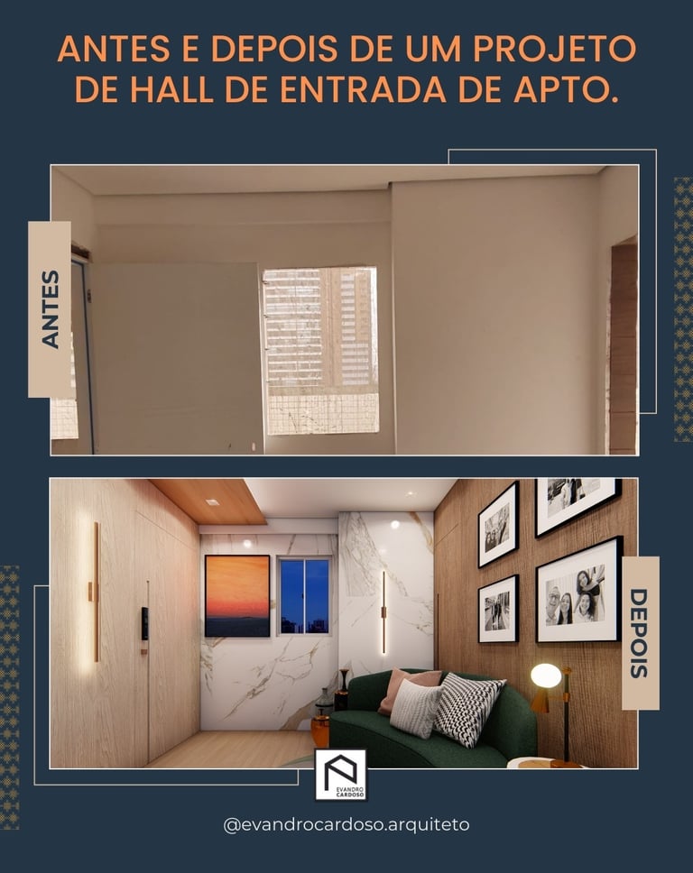 Antes e Depois de projeto de reforma de hall de entrada de apartamento em São Paulo