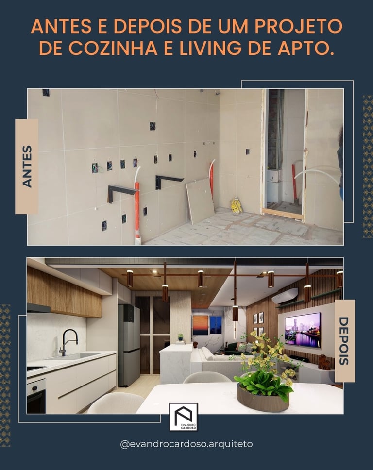 Antes e Depois de projeto de projeto de cozinha integrada com sala de estar em São Paulo