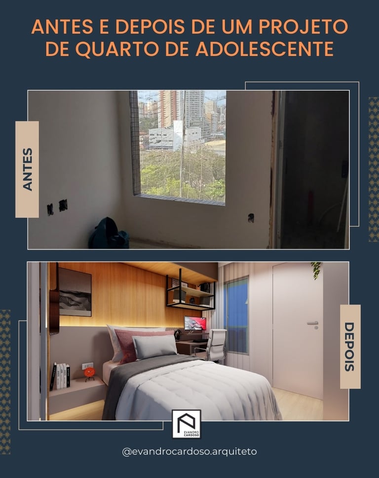 Antes e Depois de projeto de Arquitetura e Interiores de Quarto de Adolescente em São Paulo